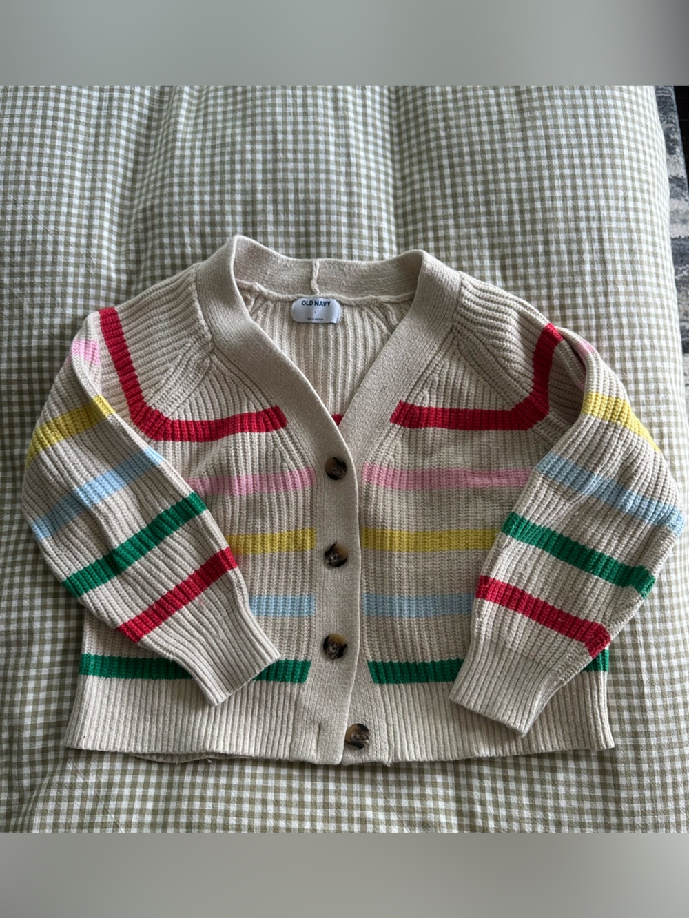 Old Navy Cream Ribbed Cardigan with Red, Green, Yellow, Pink & Blue Stripes